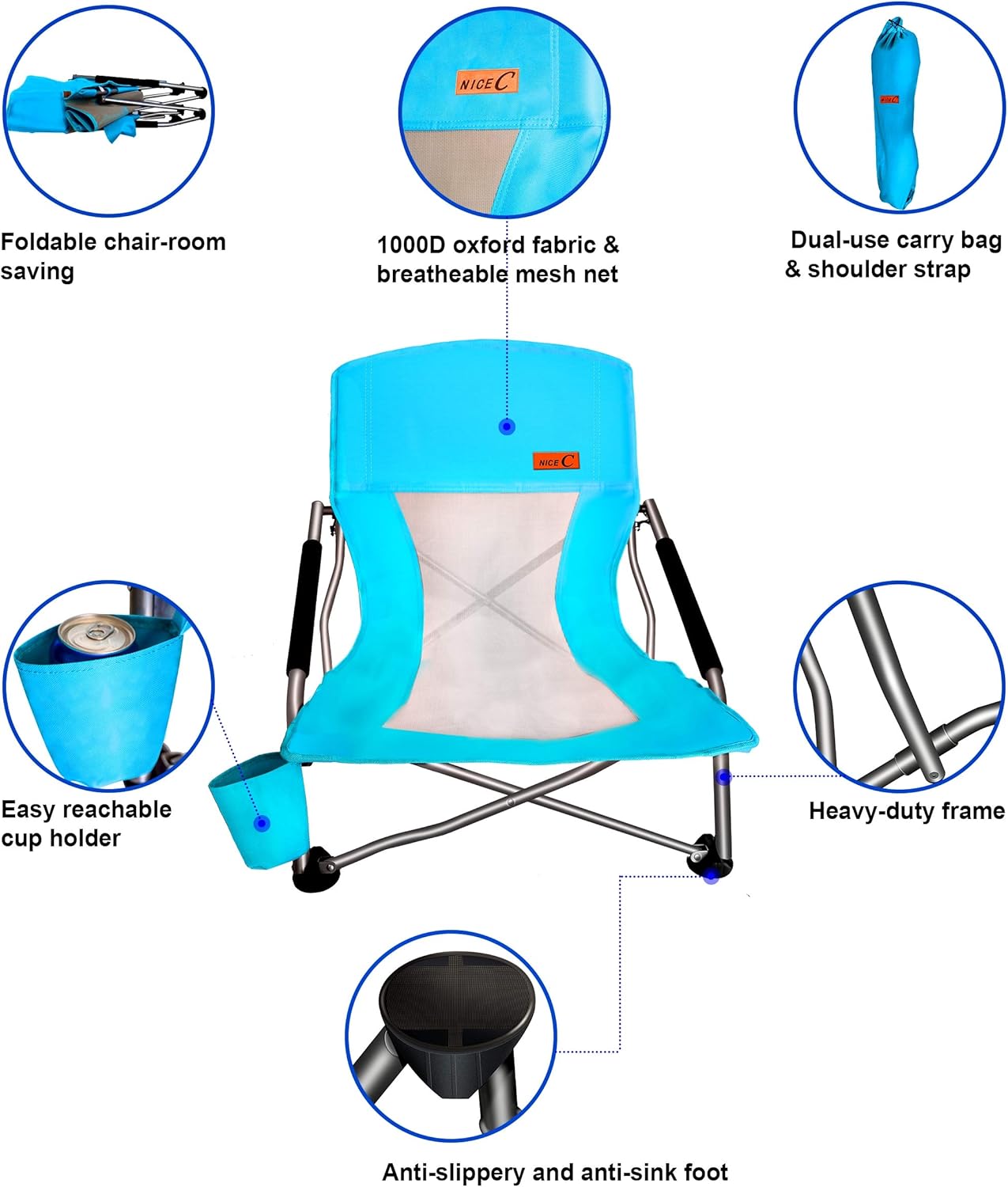 Nice C Folding Low Beach Chair for Adults – Sling Seat with Cup Holder