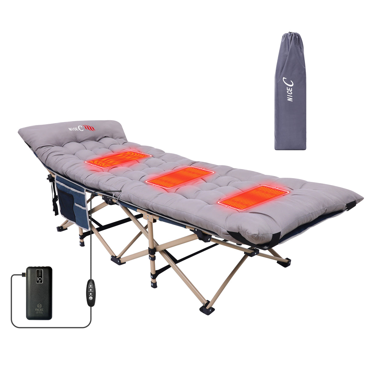 Nice C Heated Camping Cot with Battery, Cot with Mattress (1 Pack/2 Pack Blue/Grey) | Folding Cot for Adults, Cushion, Pillow, Extra Wide, 500 lb Capacity, Carry Bag, Storage Pocket