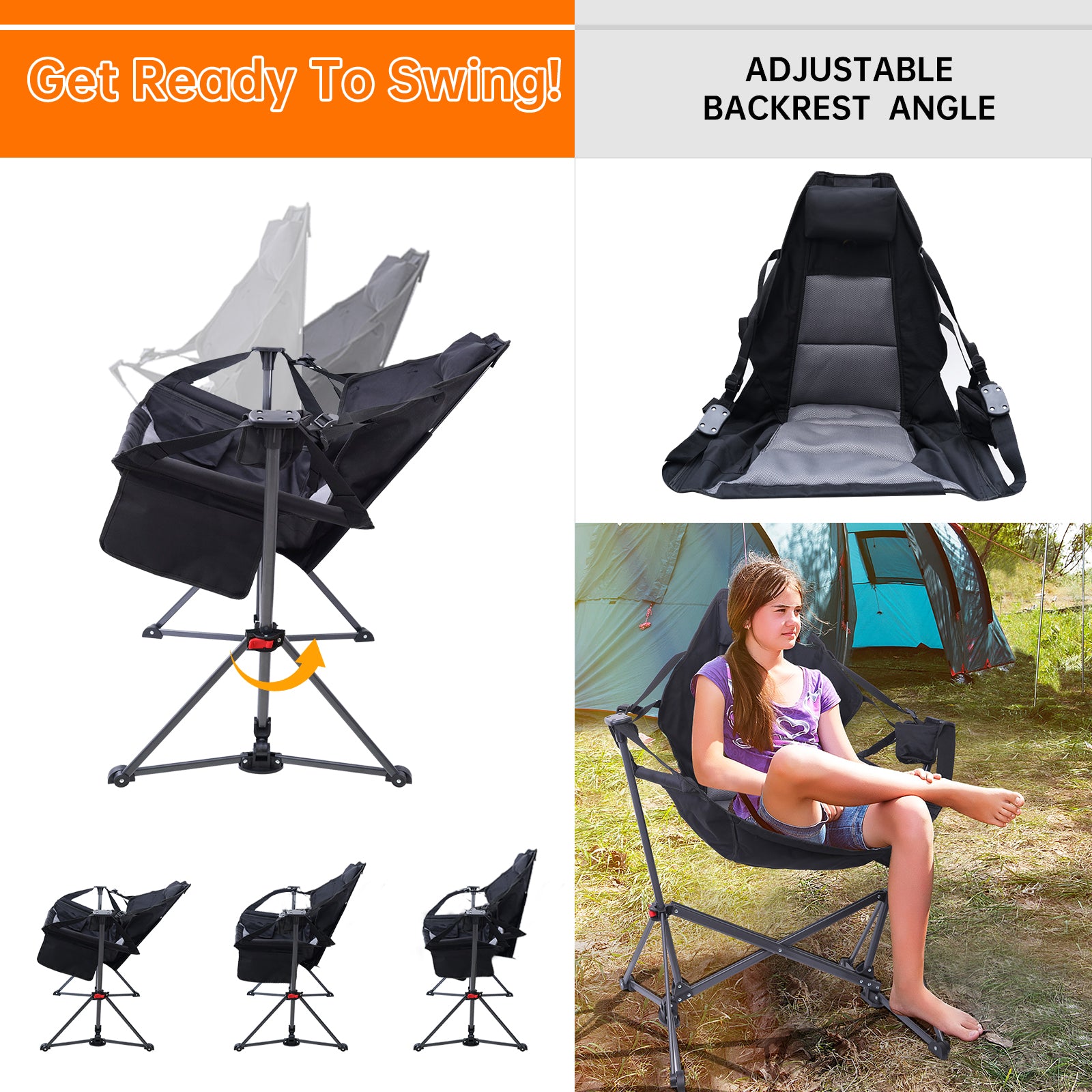 Nice C Swinging Hammock Chair, High Back Camping Chair with Stand and Storage 
