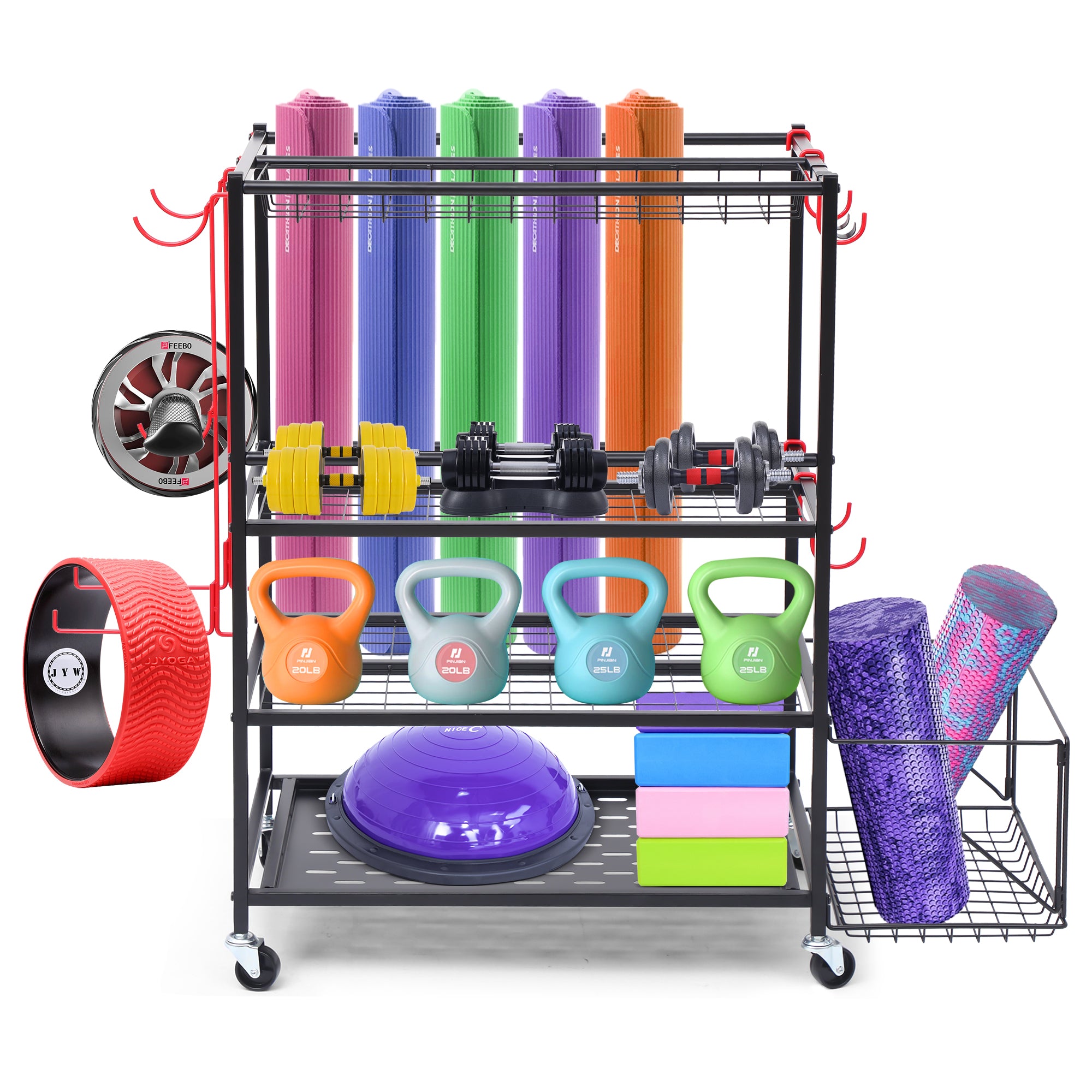 Nice C Outdoor Toy Storage, Garage Organization, Sports Equipment Organizer, Rolling Garage Storage System, Ball Storage Rack, Yoga Mat Storage with Hooks and Basket (4-Layer-Edged)