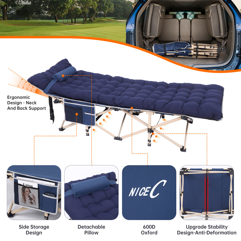 Nice C Camping Cot with Cushion, Folding Cot with Mattress\ Camping Bed with Pillow, Mattress Included, Extra Wide, 500 lb Capacity, Carry Bag, Storage Pocket