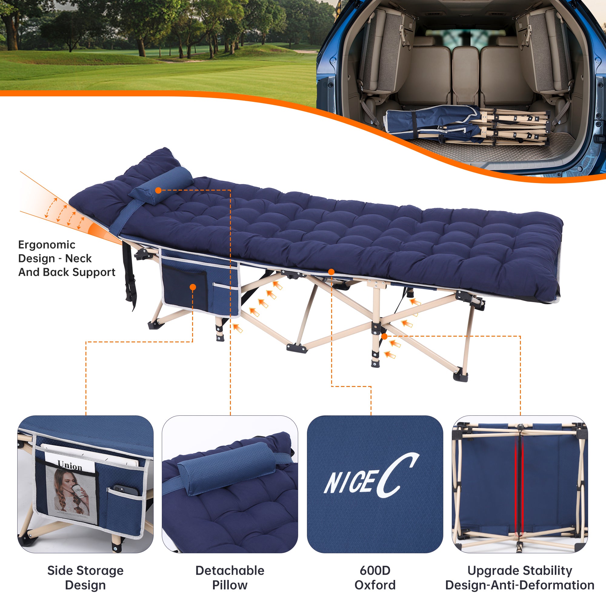 Nice C Camping Cot with Cushion, Folding Cot with Mattress\ Camping Bed with Pillow, Mattress Included, Extra Wide, 500 lb Capacity, Carry Bag, Storage Pocket