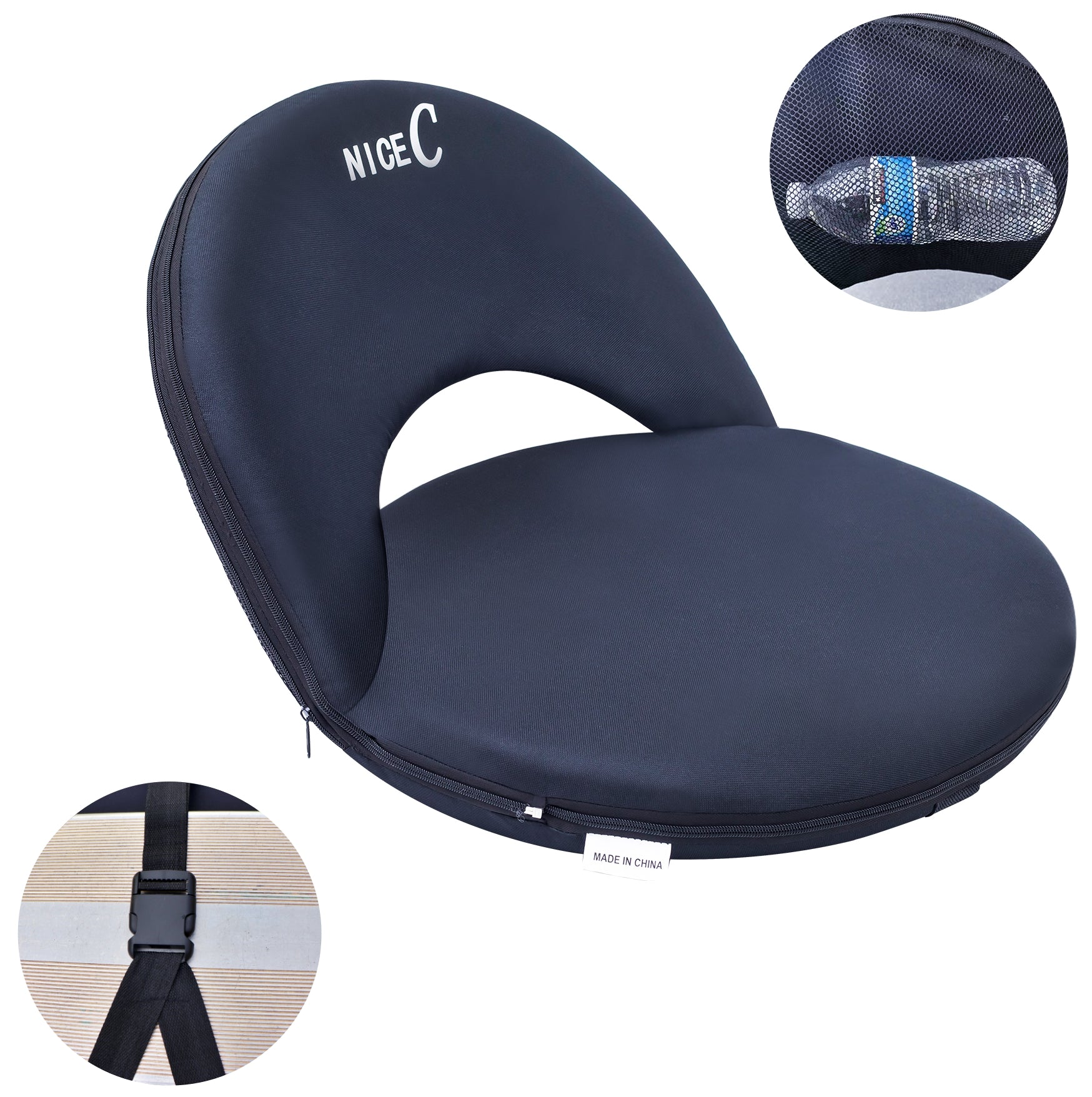 Nice C Reclining Stadium Seat, Floor Chair, Bleacher Seat (1 Pack/2 Pack, Black) | 10-Position Reclining Chair, Waterproof Cushion, Ultralight, Foldable, Extra Thick Padding, Shoulder Strap, Net Pocket