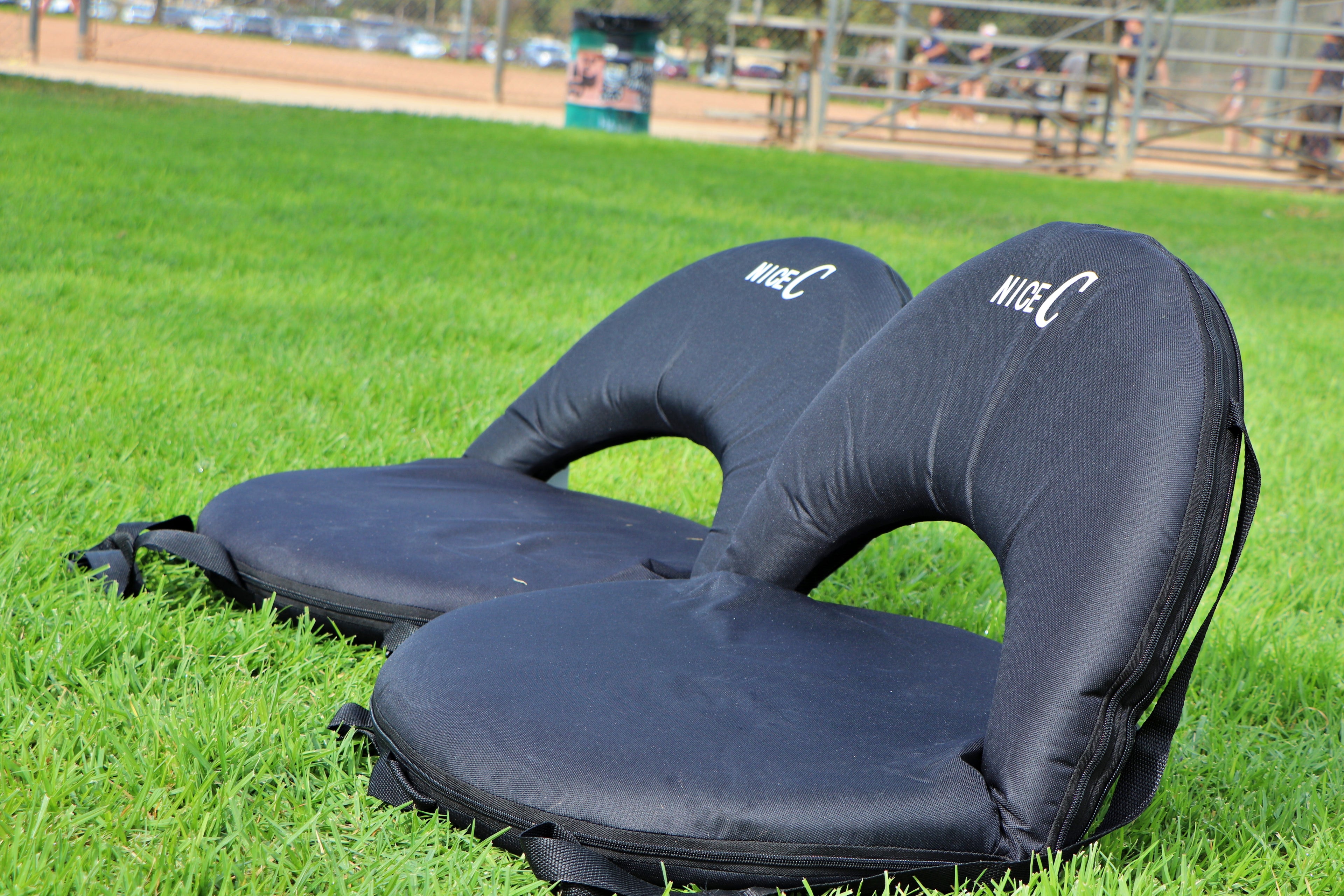 Nice C Reclining Stadium Seat, Floor Chair, Bleacher Seat (1 Pack/2 Pack, Black) | 10-Position Reclining Chair, Waterproof Cushion, Ultralight, Foldable, Extra Thick Padding, Shoulder Strap, Net Pocket