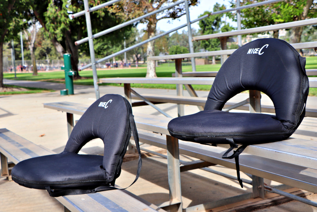Nice C Reclining Stadium Seat, Floor Chair, Bleacher Seat (1 Pack/2 Pack, Black) | 10-Position Reclining Chair, Waterproof Cushion, Ultralight, Foldable, Extra Thick Padding, Shoulder Strap, Net Pocket