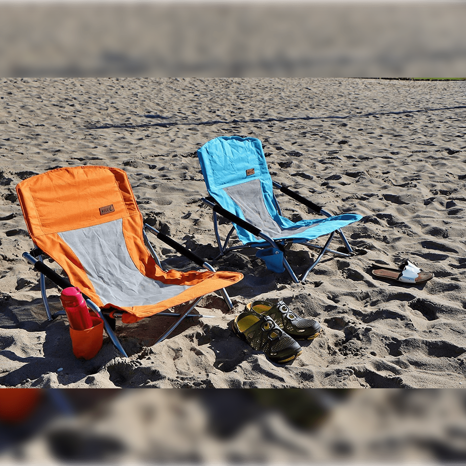 Nice C Folding Low Beach Chair for Adults – Sling Seat with Cup Holder