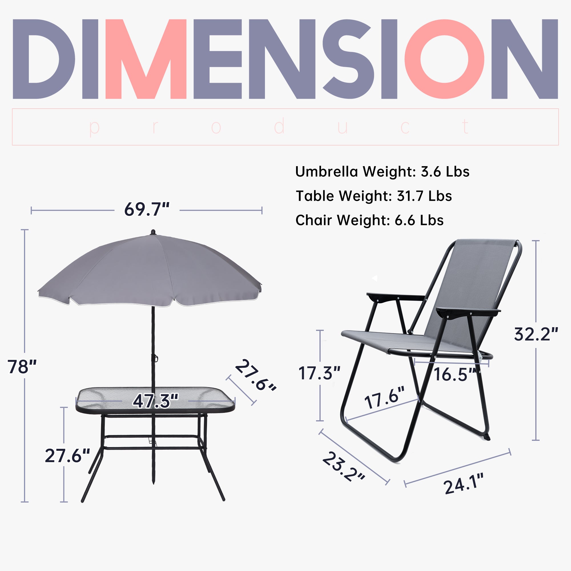 Nice C Outdoor Dining Sets, Patio Furniture Set, 8 Piece Set with Umbrella, Garden Outdoor Furniture Table Set with Removable Umbrella, Glass Table, and 6 Folding Chairs (Grey)