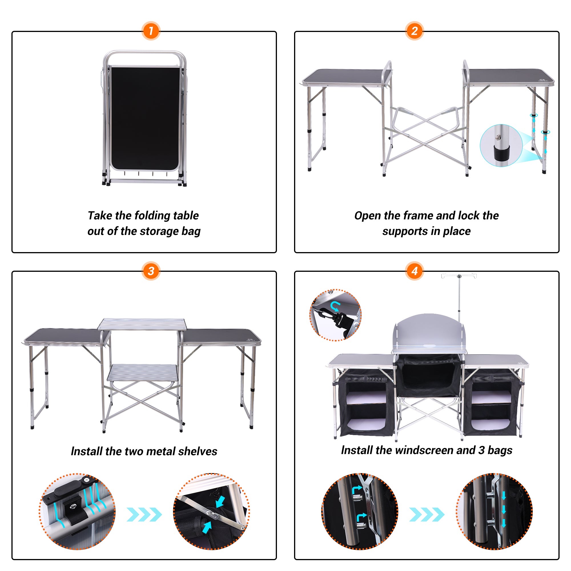 Nice C Camping Kitchen Table, Folding Cook Table, Cook Station (Silver) | Portable Grill Table, Upgraded Light Stand, Windshield, 3 Organizers, Carry Bag, Grill, Outdoor, Beach, BBQ, Picnic, Cooking