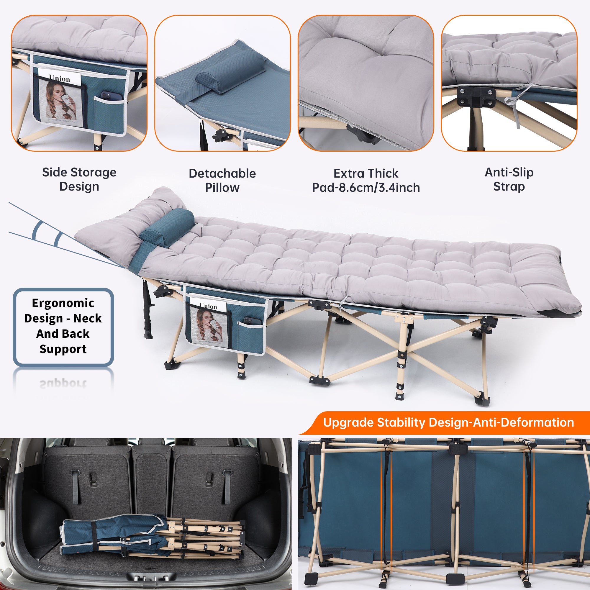 Nice C Camping Cot with Cushion, Folding Cot with Mattress\ Camping Bed with Pillow, Mattress Included, Extra Wide, 500 lb Capacity, Carry Bag, Storage Pocket