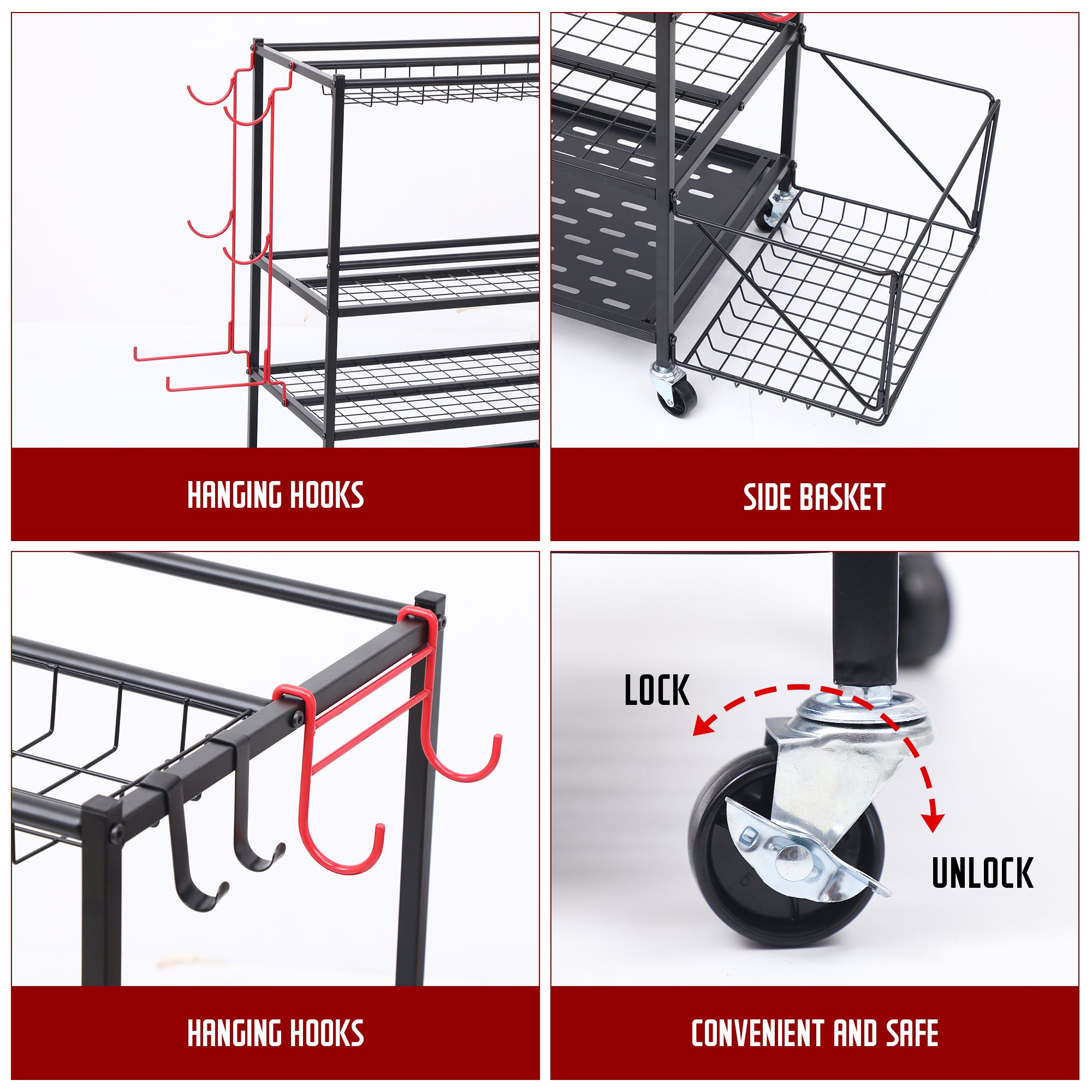 Nice C Outdoor Toy Storage, Garage Organization, Sports Equipment Organizer, Rolling Garage Storage System, Ball Storage Rack, Yoga Mat Storage with Hooks and Basket (4-Layer-Edged)