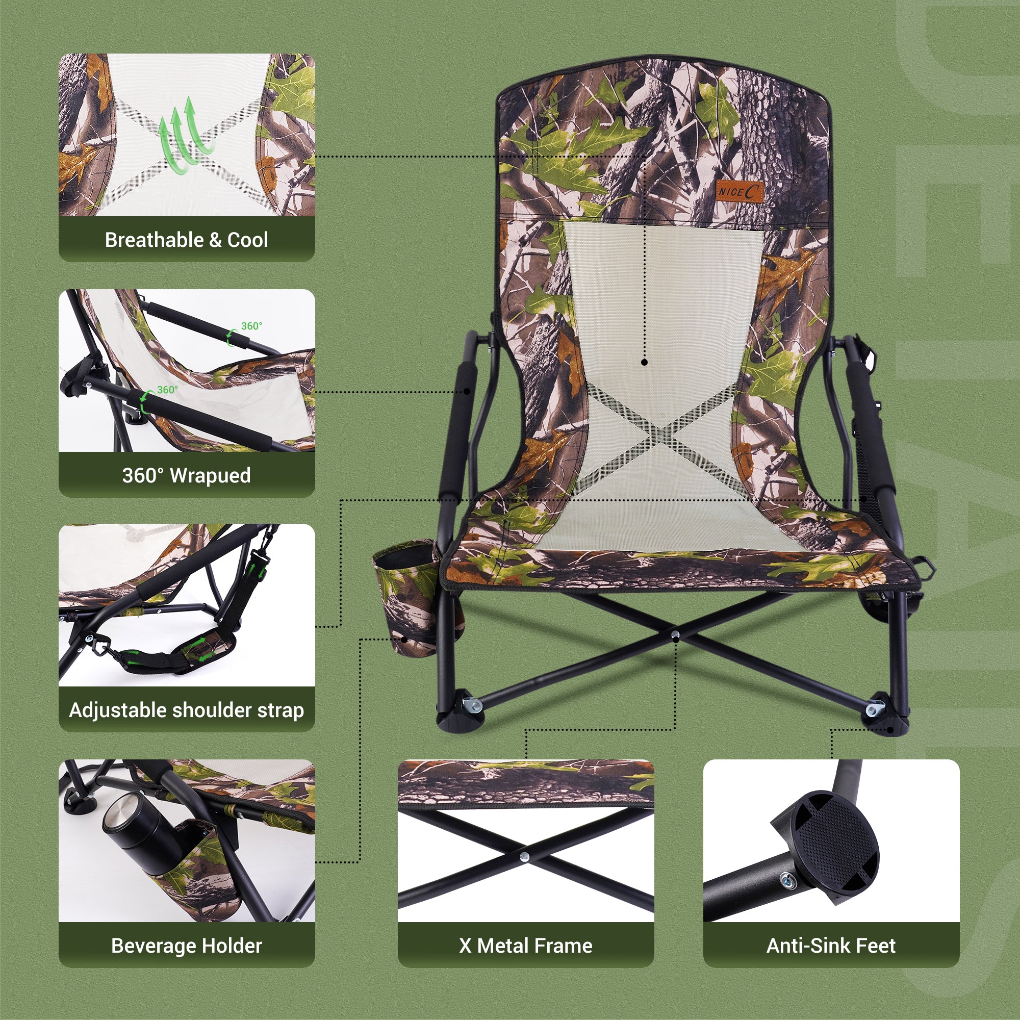 Nice C Hunting Strutter Chair, Folding Low Camping Chair (1 Pack/2 Pack)
