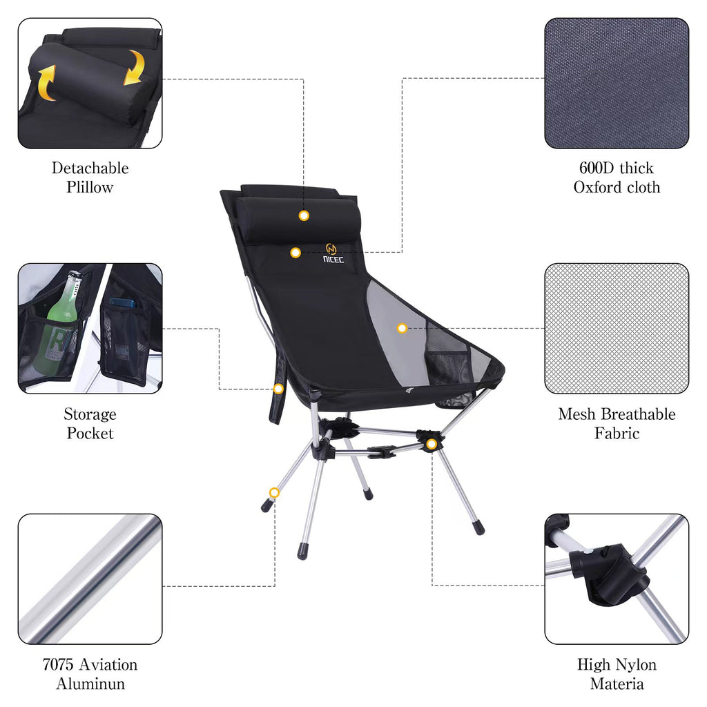 Nice C Ultralight Compact High Back Backpack Camp Chair (1 Black/2 Pack) | Foldable Hiking Chair, Collapsible Chair, Festival Chair, Heavy Duty, Travel, Picnic, Pillow, Carry Bag