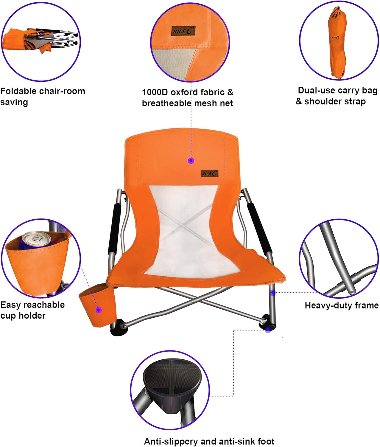 Nice C Folding Low Beach Chair for Adults – Sling Seat with Cup Holder