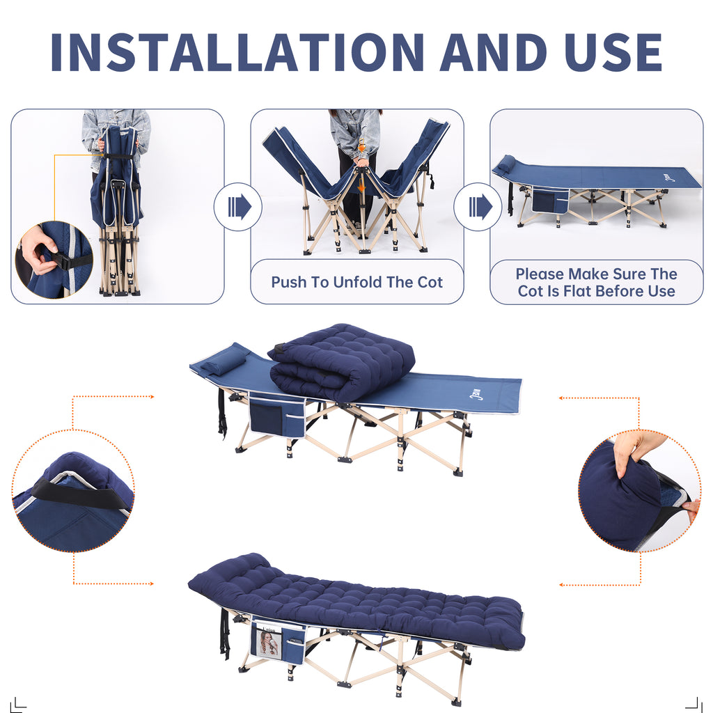 Nice C Camping Cot with Cushion, Folding Cot with Mattress\ Camping Bed with Pillow, Mattress Included, Extra Wide, 500 lb Capacity, Carry Bag, Storage Pocket