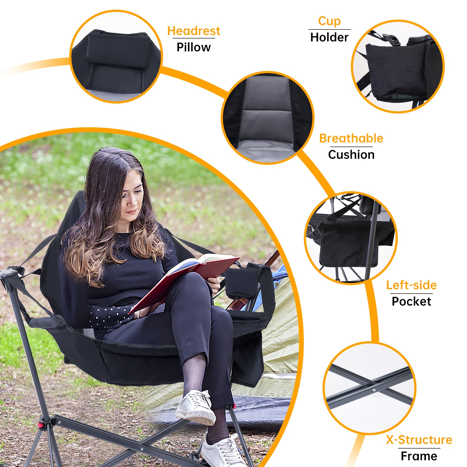 Nice C Swinging Hammock Chair, High Back Camping Chair with Stand and Storage 