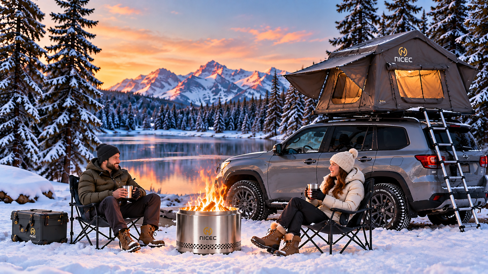 Nice C rooftop tent and camping chairs beside a snowy mountain lake