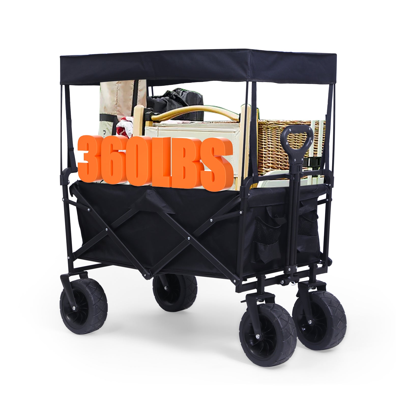 Nice C Heavy Duty Wagon, Collapsible Wagon with Canopy, Black, Steel, 4 Wheels, 33 x 22.4 x 7.6 inches