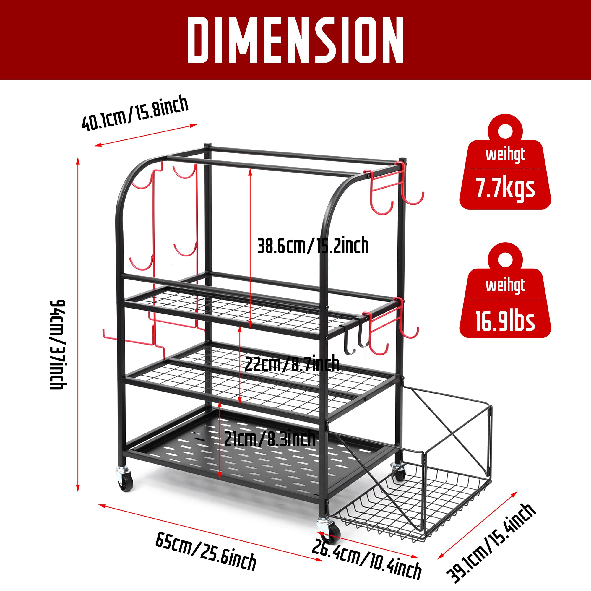 Nice C Outdoor Toy Storage, Garage Organization, Sports Equipment Organizer, Rolling Garage Storage System, Ball Storage Rack, Yoga Mat Storage with Hooks and Basket (3-Layer-Curved)