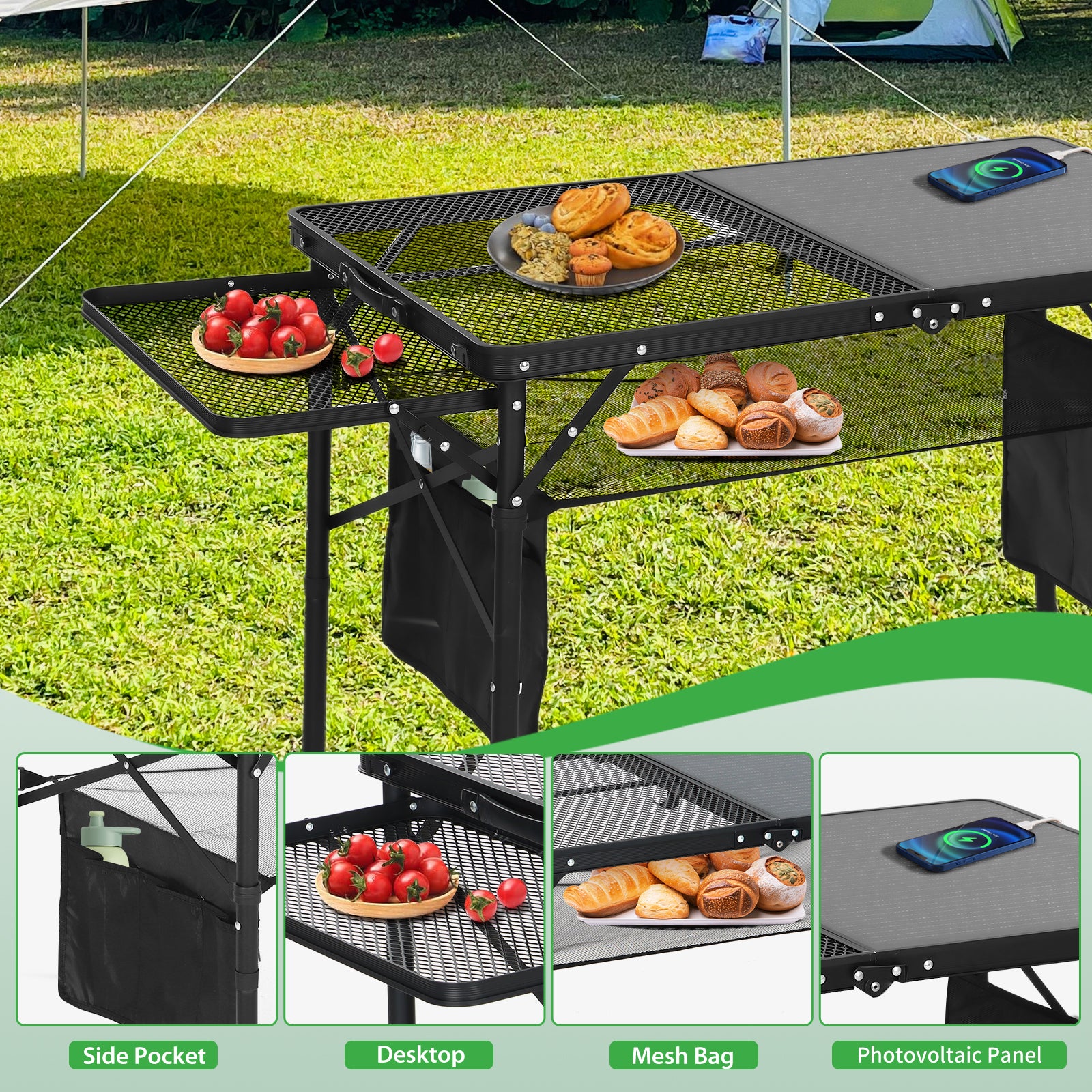 Nice C Solar-Powered Camping Table, USB/Type-C/DC Charging, Mesh Storage, Cup Holders