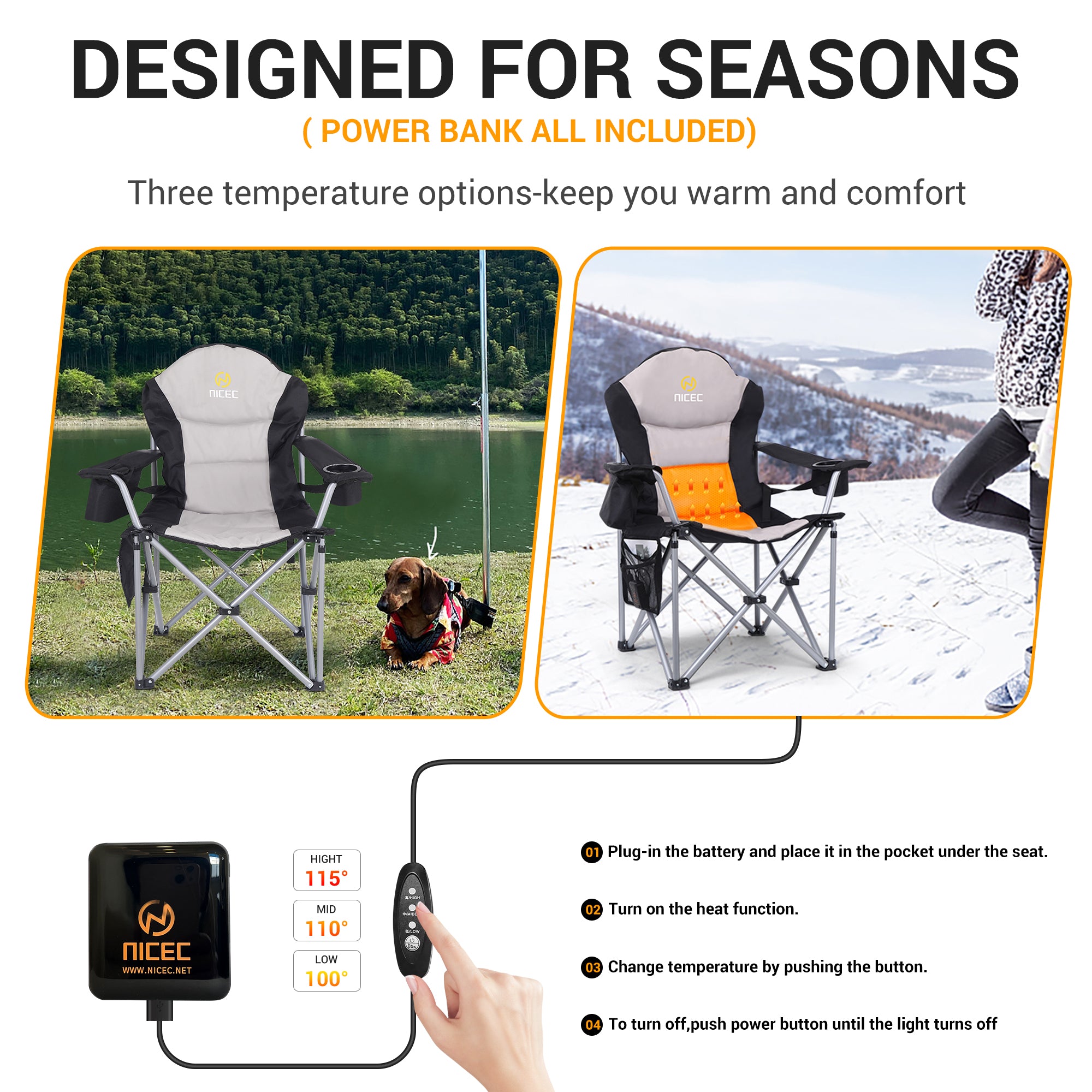 Nice C Heated Camping Chair with 10000mAh Power Bank, Heavy Duty Folding Chair with Cooler &amp; Carry Bag 