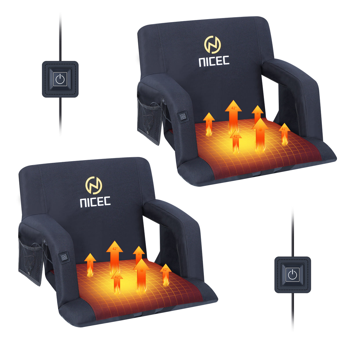 Nice C Heated Stadium Seat, Bleacher Chair with Back Support  Reclining Stadium Cushion, Foldable Floor Chair, Shoulder Straps, Side Pockets, Thick Padding, Heat