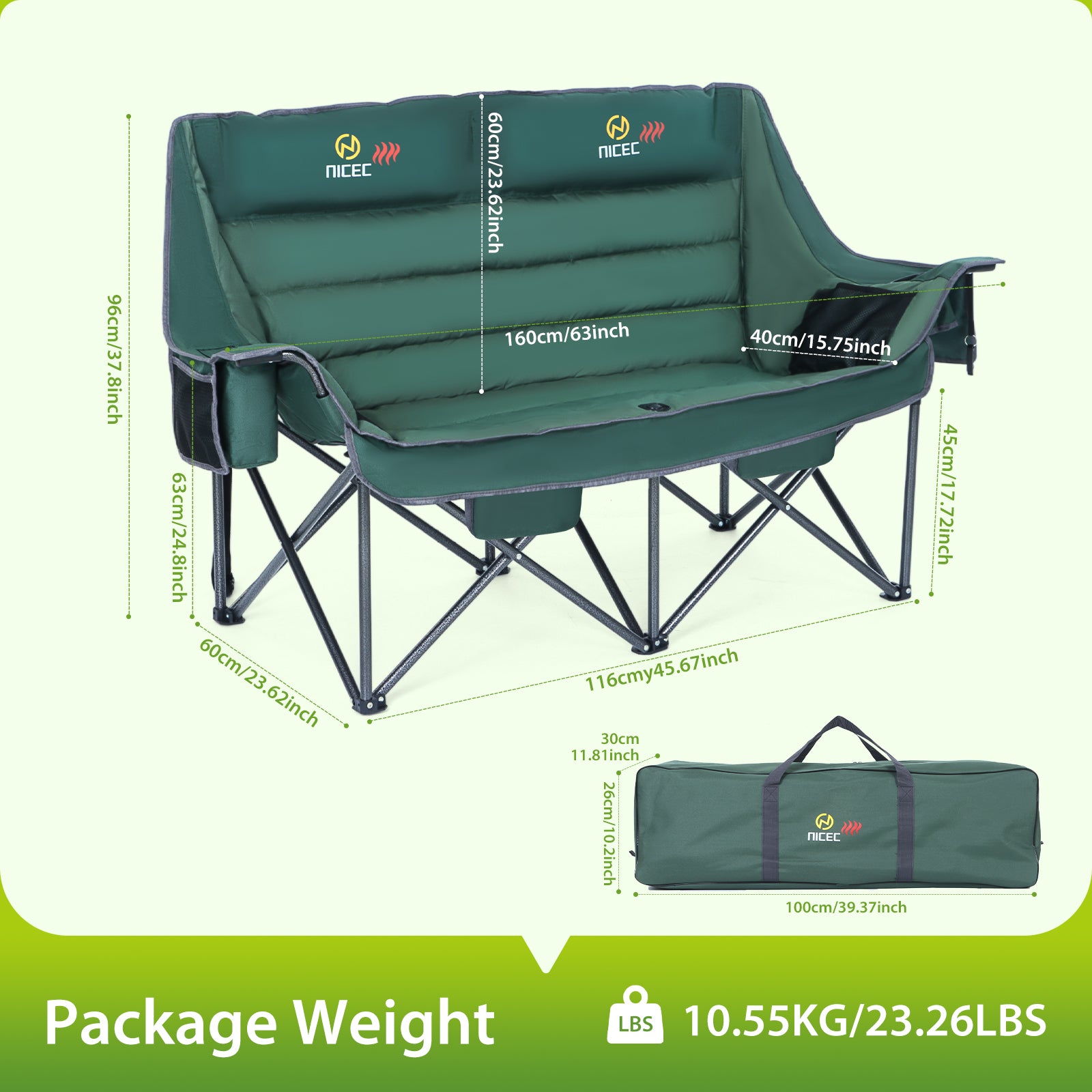 Nice C Padded Heated Loveseat Camping Chair for Adults, with Power Bank &amp; Bottle Opener 