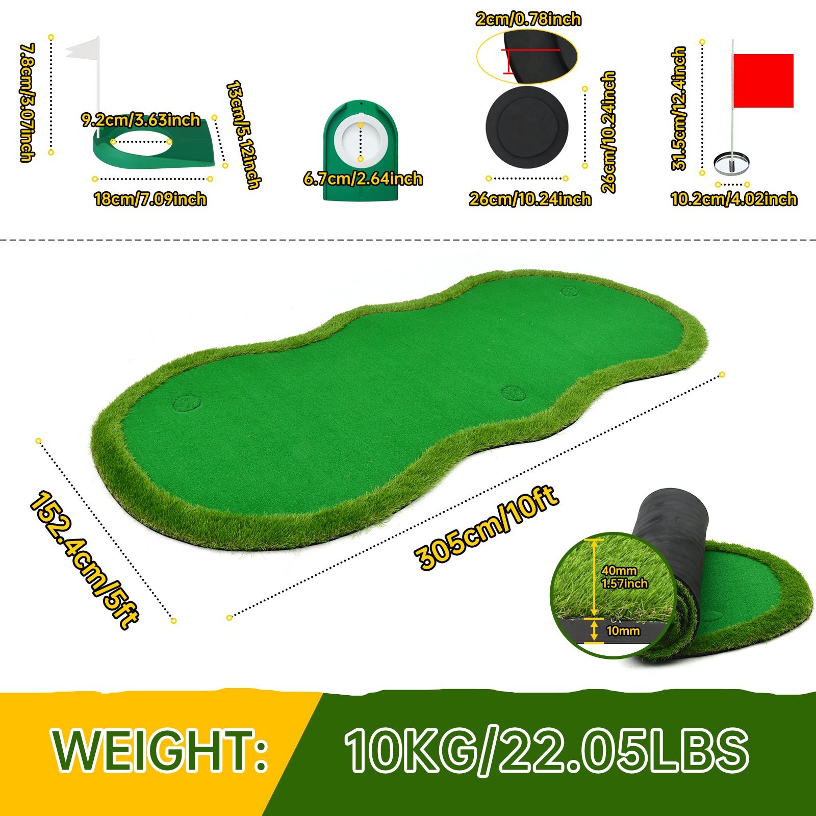 Nice C 5x10 ft Putting Green Mat – Indoor &amp; Outdoor Golf Simulator with 3 Holes, Flags &amp; Challenge Cup 