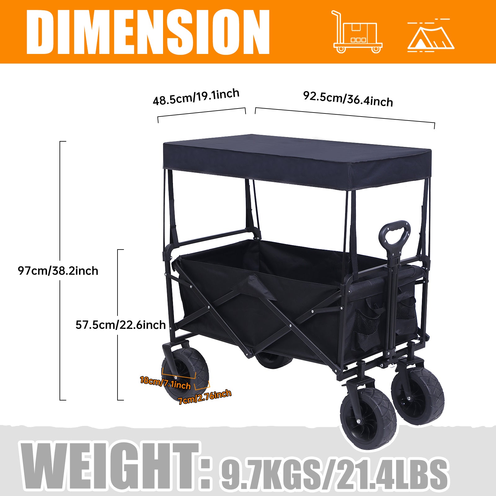 Nice C Heavy Duty Wagon, Collapsible Wagon with Canopy, Black, Steel, 4 Wheels, 33 x 22.4 x 7.6 inches