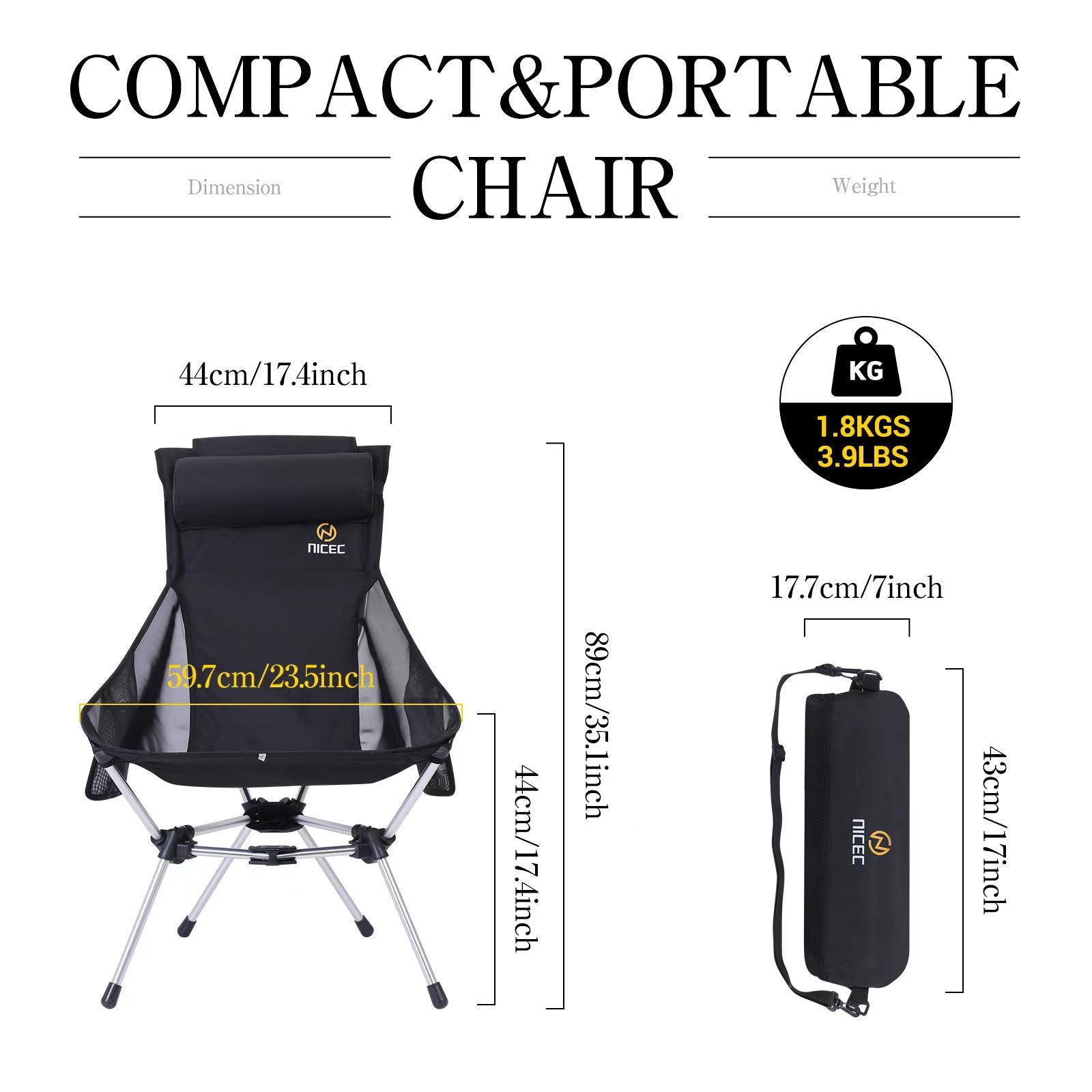 Nice C Ultralight Compact High Back Backpack Camp Chair (1 Black/2 Pack) | Foldable Hiking Chair, Collapsible Chair, Festival Chair, Heavy Duty, Travel, Picnic, Pillow, Carry Bag
