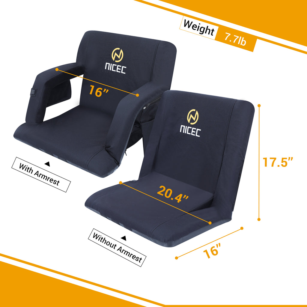 Nice C Heated Stadium Seat, Bleacher Chair with Back Support  Reclining Stadium Cushion, Foldable Floor Chair, Shoulder Straps, Side Pockets, Thick Padding, Heat