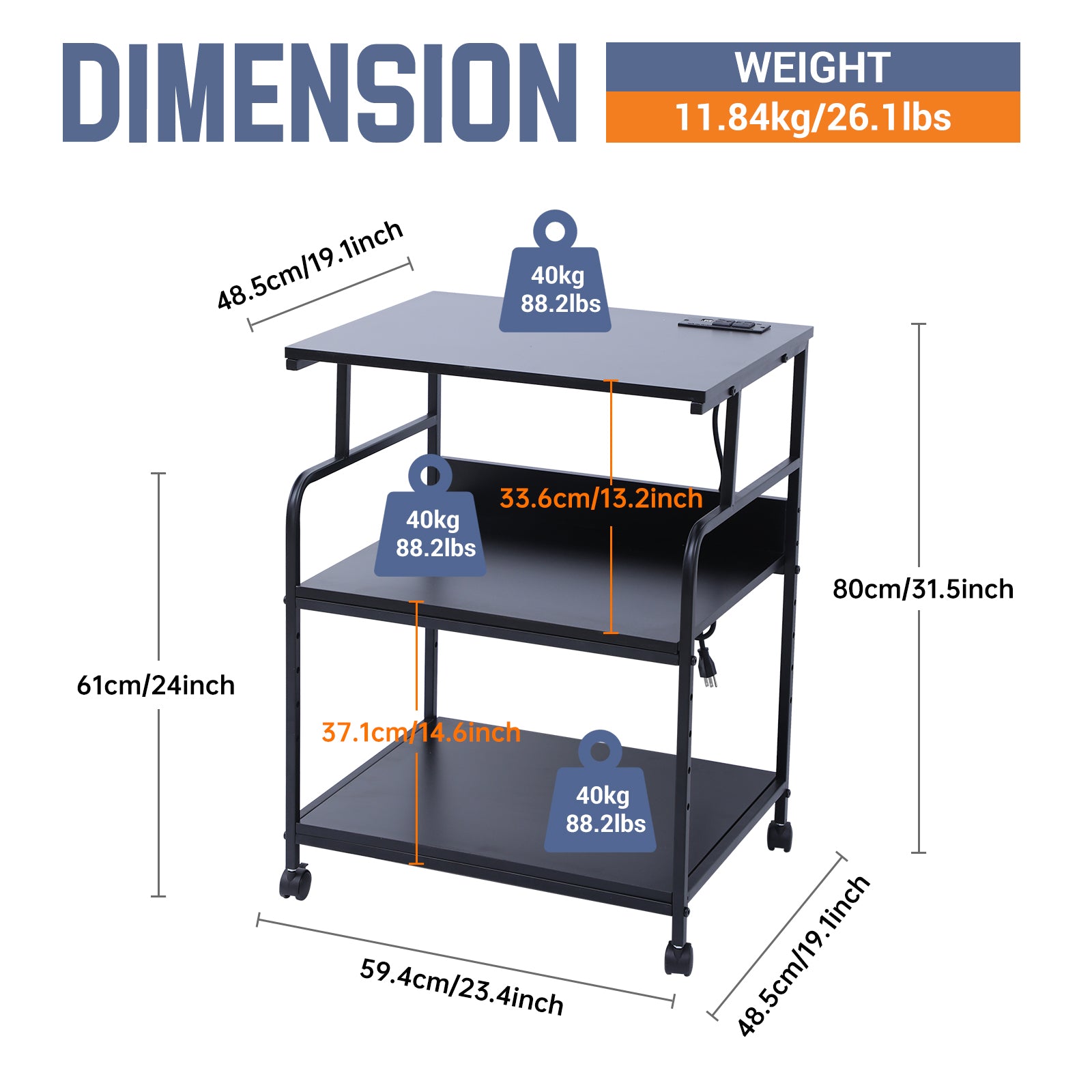 Nice C Printer Stand, Mobile Printer Cart, 3-Tier Printer Storage Rack with Charging Station and Roller for Office, Home (Black)
