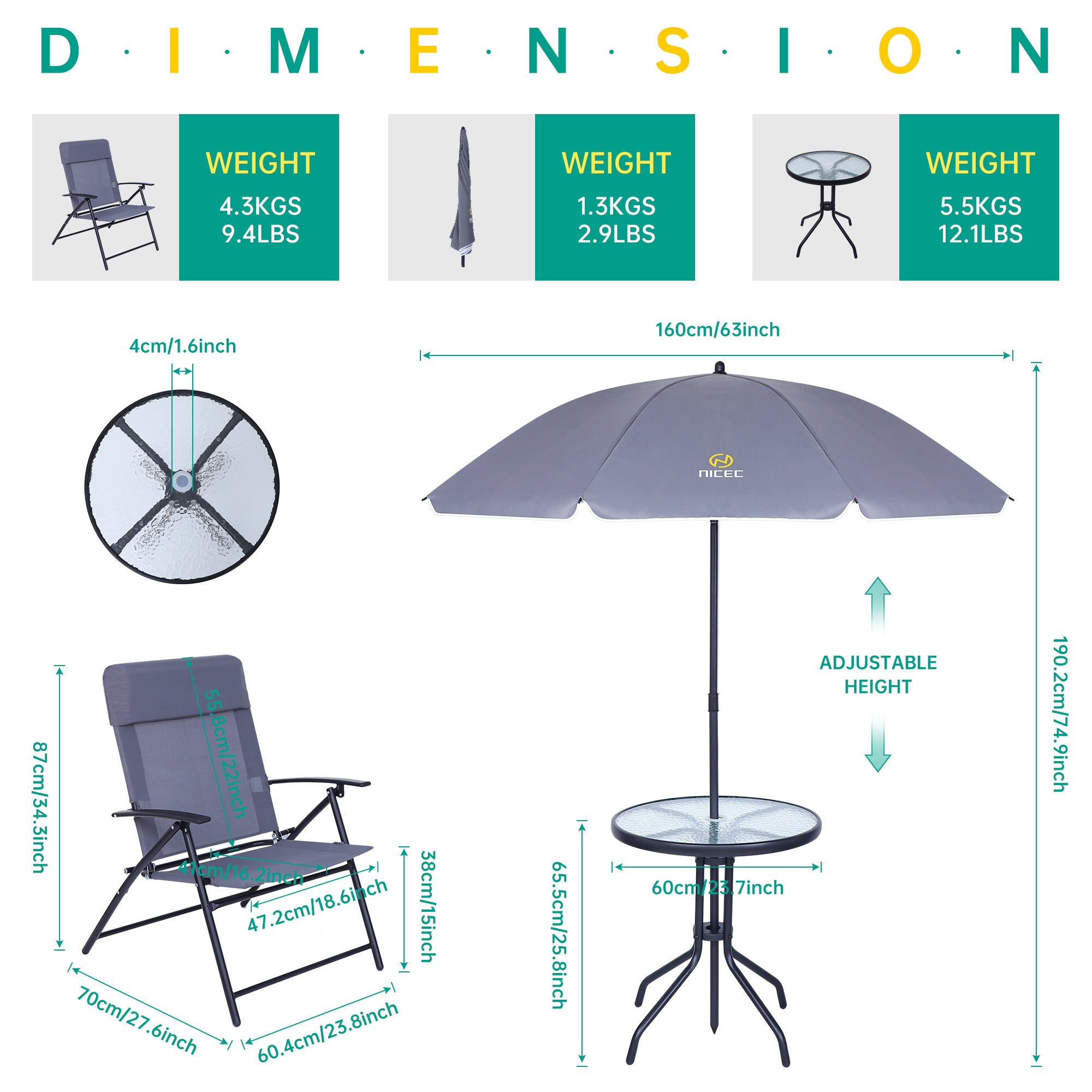 Nice C 4 Piece Patio Furniture Set with Umbrella, Outdoor Dining Set (Grey) | Patio Furniture Set, Patio Table And Chairs, 4-Piece Garden Set, Glass Table, 2 Folding Chairs
