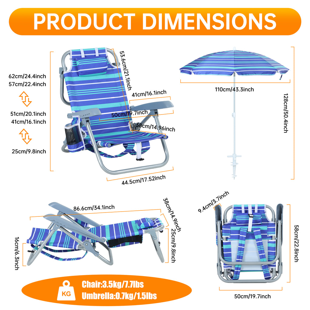 Nice C Kids Outdoor Beach Chair – 5-Position Recline, Backpack Camping Chair with Umbrella &amp; Cup Holder