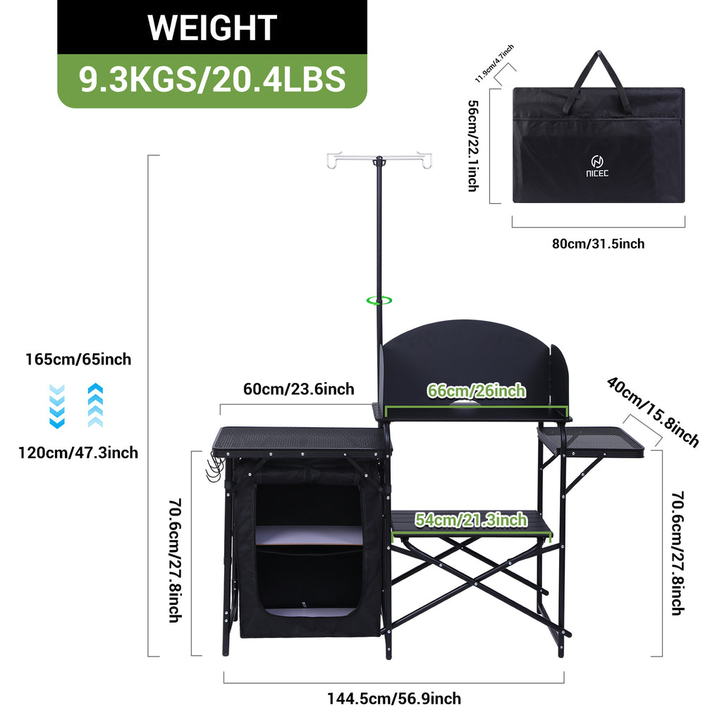 Nice C Camping Kitchen Table Station, Portable Folding Grill Table (Black) | Picnic Cook Table, Camping Organizer, Upgraded Light Stand, Windshield, Carry Bag, Outdoor, Beach, Picnic