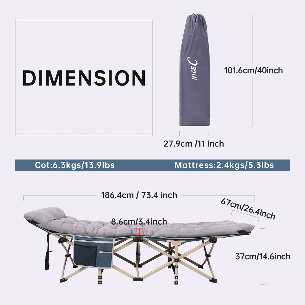 Nice C Camping Cot with Cushion, Folding Cot with Mattress\ Camping Bed with Pillow, Mattress Included, Extra Wide, 500 lb Capacity, Carry Bag, Storage Pocket