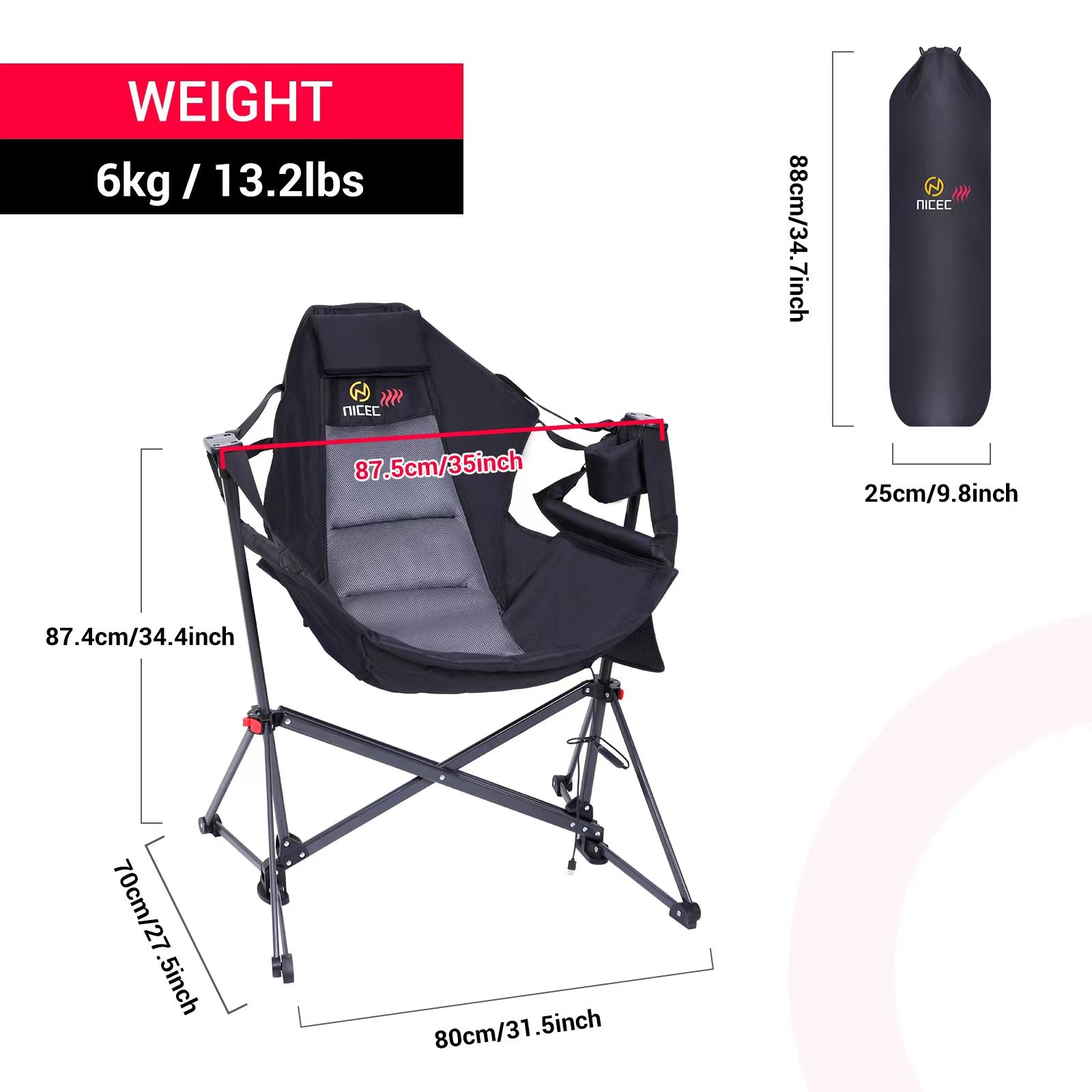 Nice C Heated Hammock Rocker Chair with Cup Holder, Side Pocket &amp; Battery 