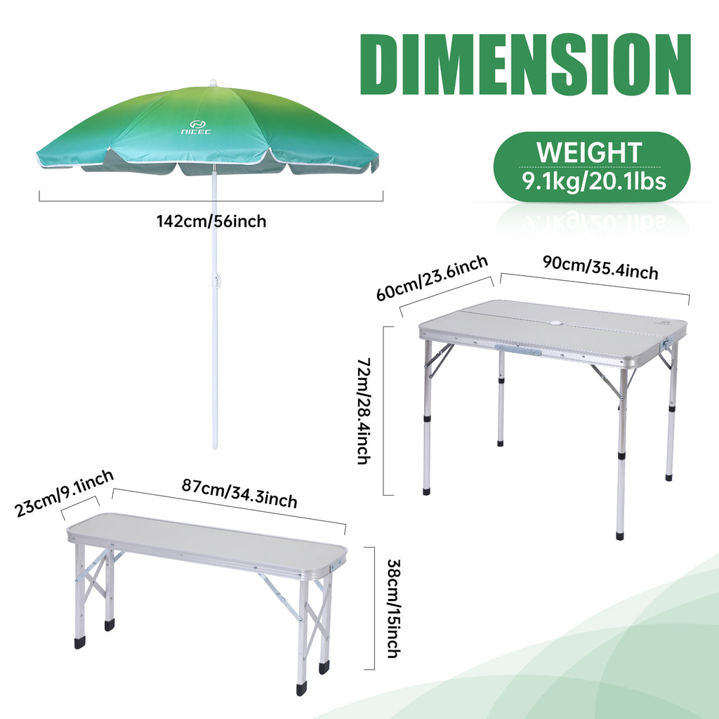 Nice C Picnic Table, Folding Picnic Table and Umbrella, Camping Table with 2 Benches and Umbrella, Mesh net for Backyard, Party, Outdoor, Patio, Lawn