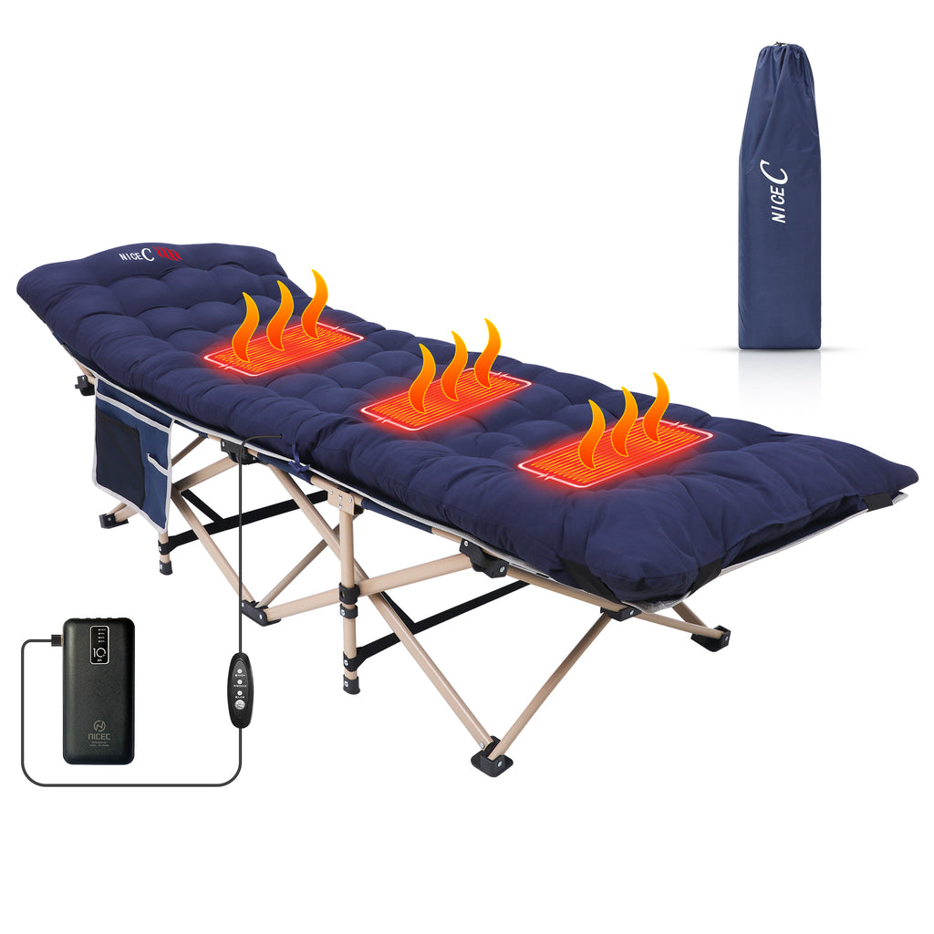 Nice C Heated Camping Cot with Battery, Cot with Mattress (1 Pack/2 Pack Blue/Grey) | Folding Cot for Adults, Cushion, Pillow, Extra Wide, 500 lb Capacity, Carry Bag, Storage Pocket