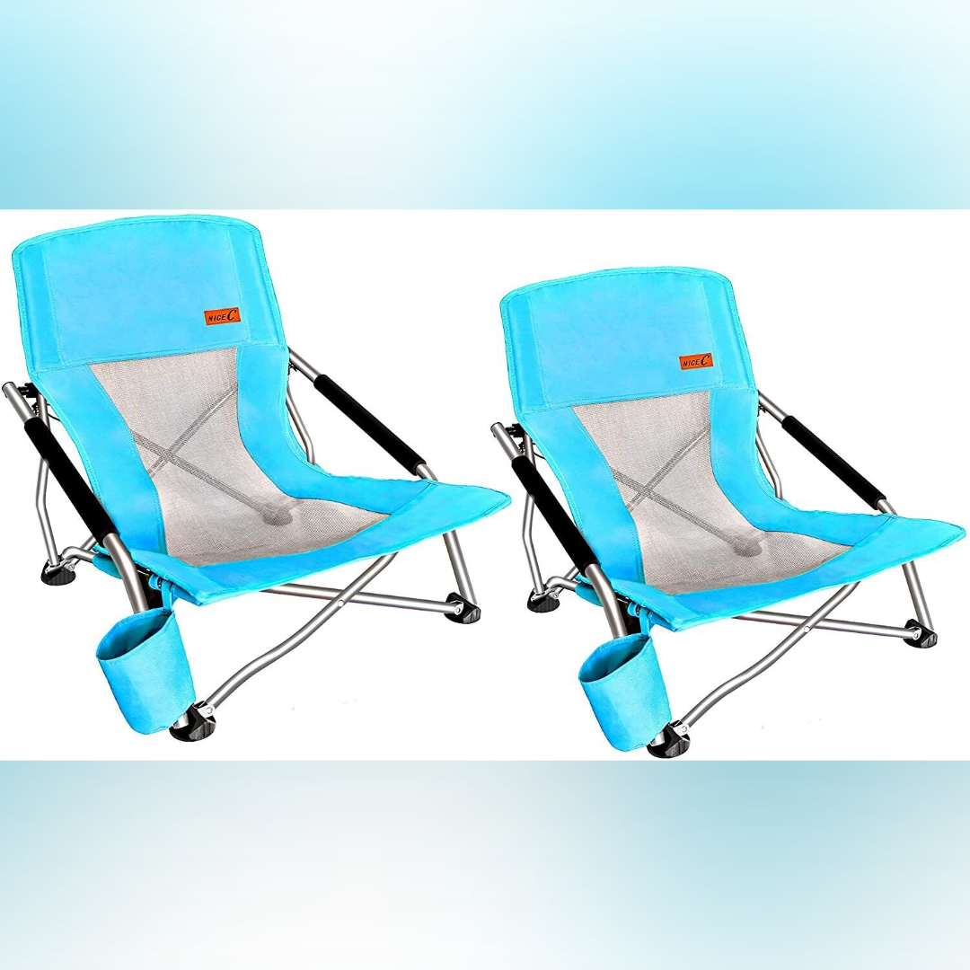Nice C Folding Low Beach Chair for Adults – Sling Seat with Cup Holder