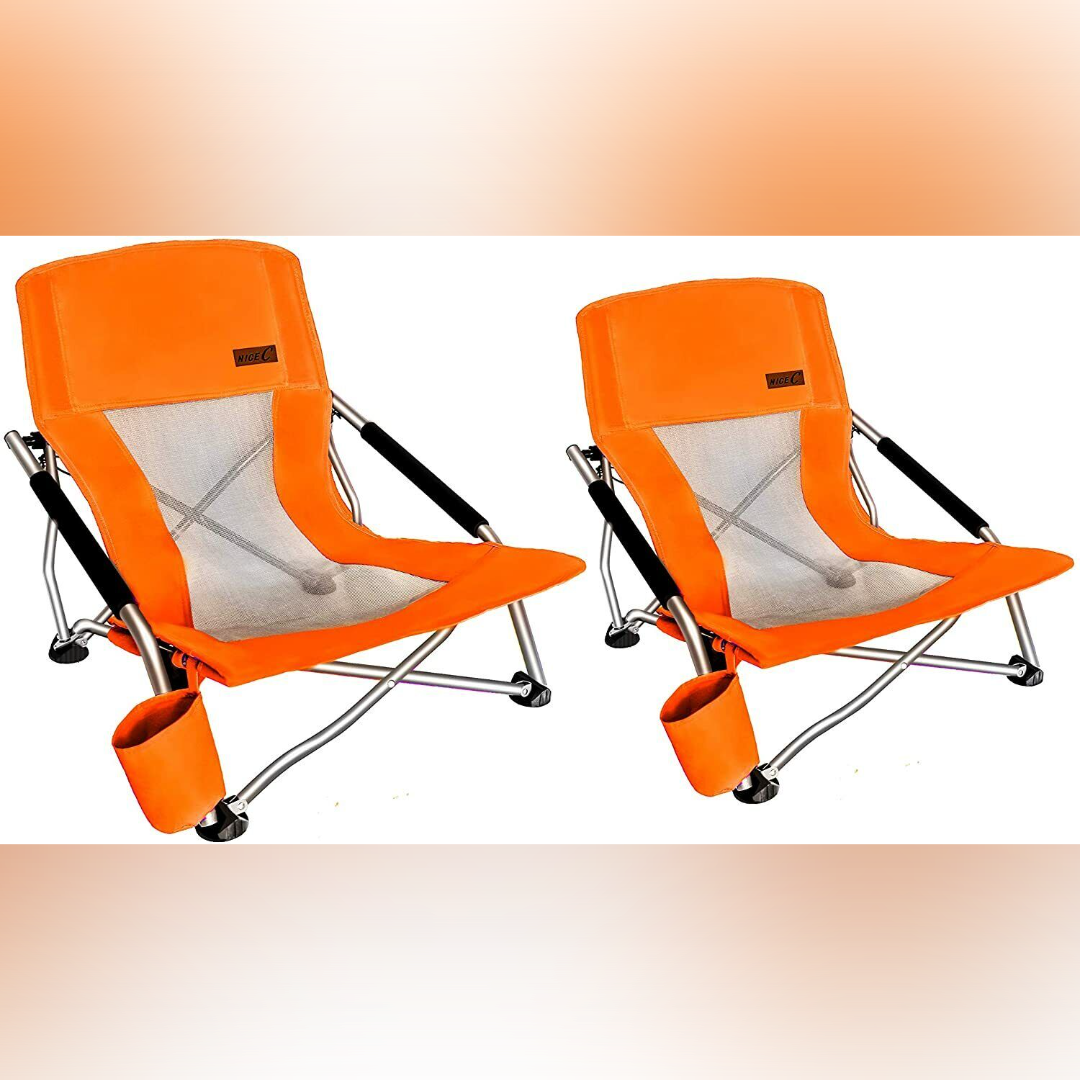 Nice C Folding Low Beach Chair for Adults – Sling Seat with Cup Holder