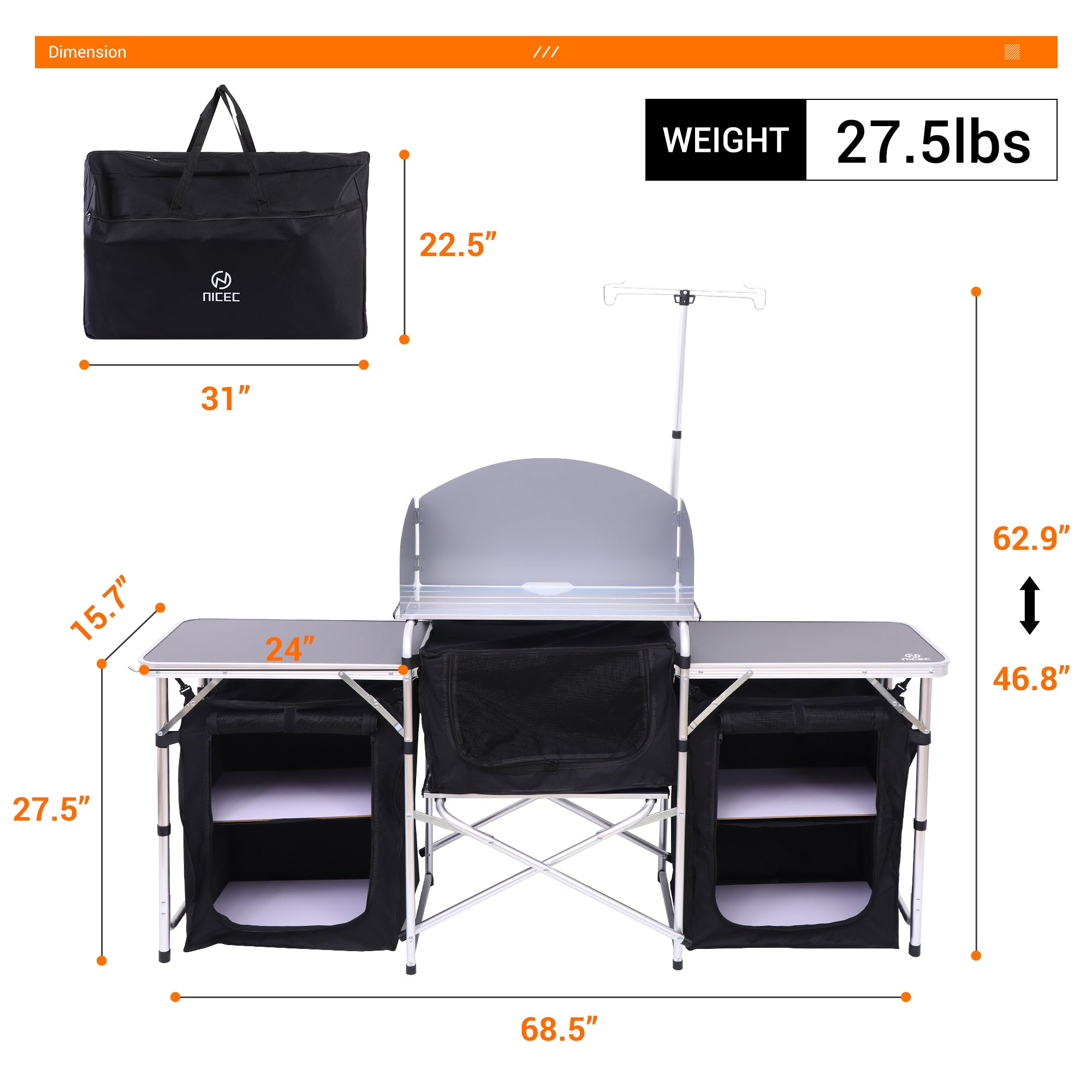 Nice C Camping Kitchen Table, Folding Cook Table, Cook Station (Silver) | Portable Grill Table, Upgraded Light Stand, Windshield, 3 Organizers, Carry Bag, Grill, Outdoor, Beach, BBQ, Picnic, Cooking