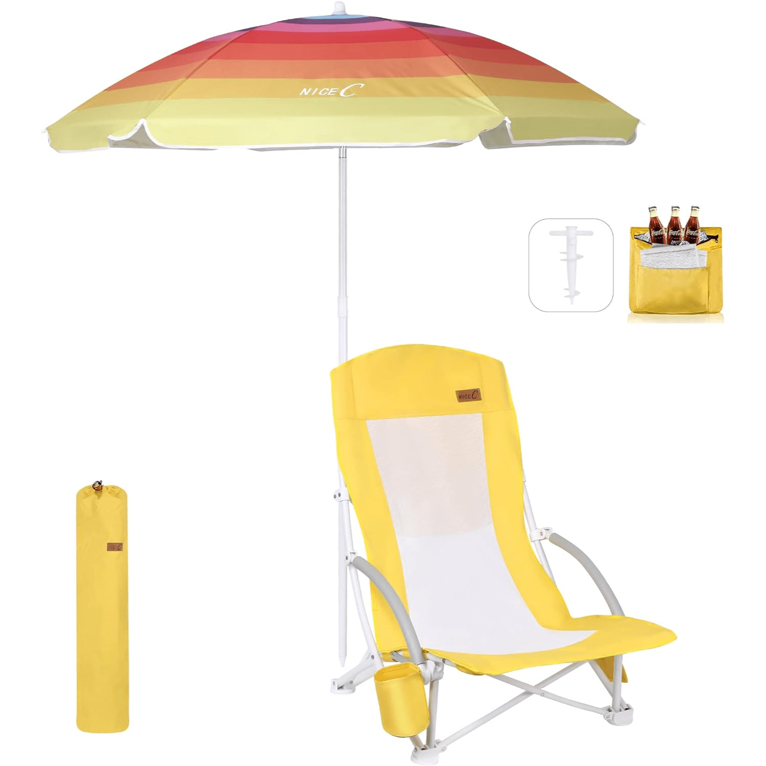Nice C Beach Chair with Umbrella &amp; Cooler – High Back, Cup Holder, Carry Bag
