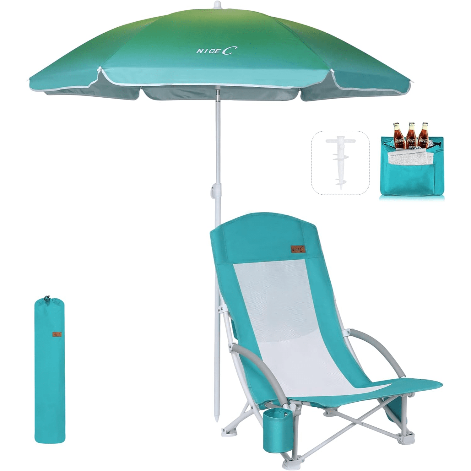 Nice C Beach Chair with Umbrella &amp; Cooler – High Back, Cup Holder, Carry Bag