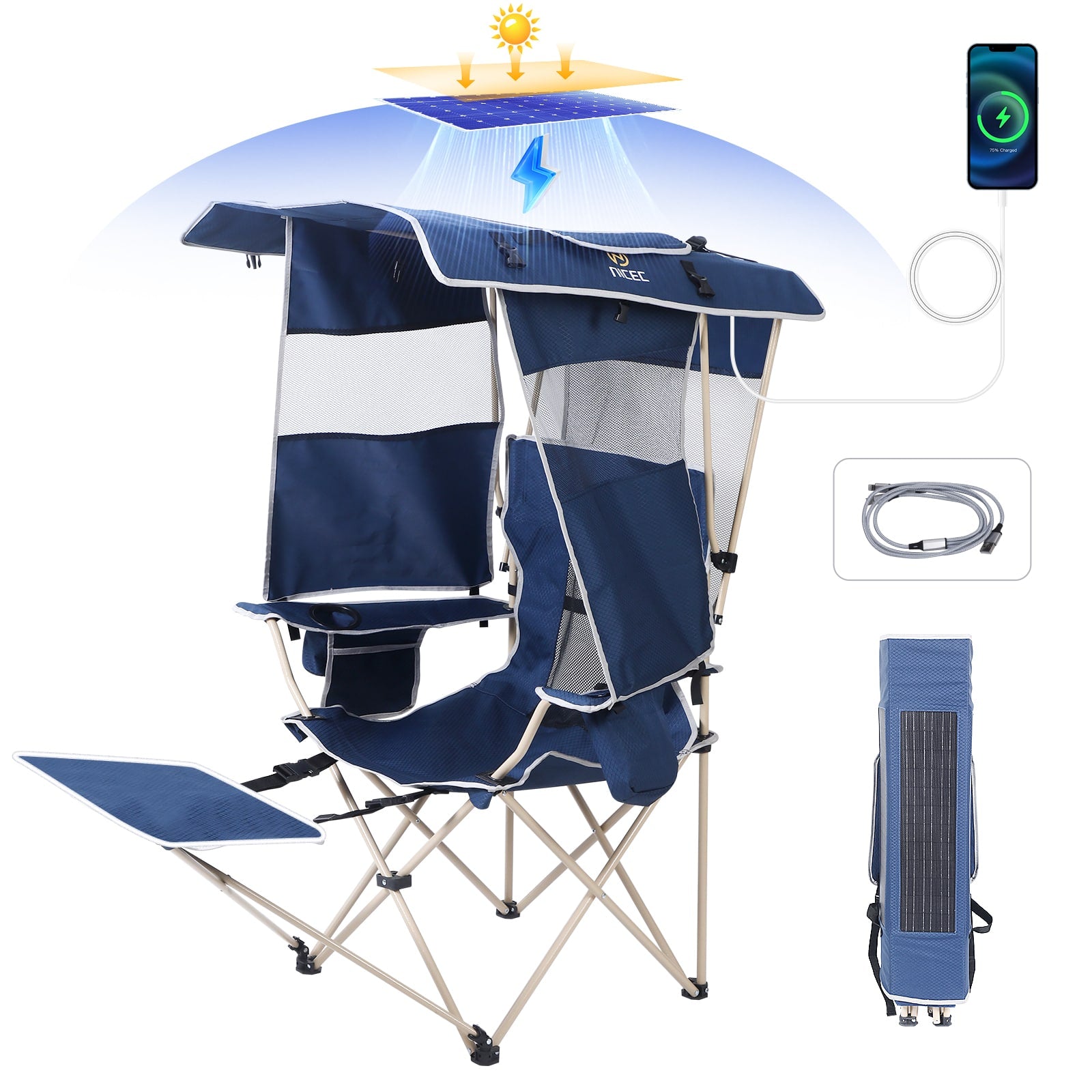 Nice C Chair with Canopy, Solar USB Charging, Removable Footrest &amp; Cooler Bag 