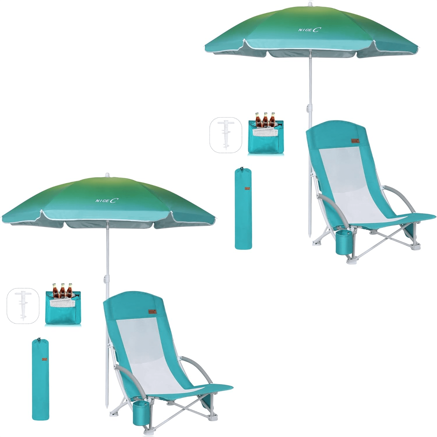 Nice C Beach Chair with Umbrella &amp; Cooler – High Back, Cup Holder, Carry Bag
