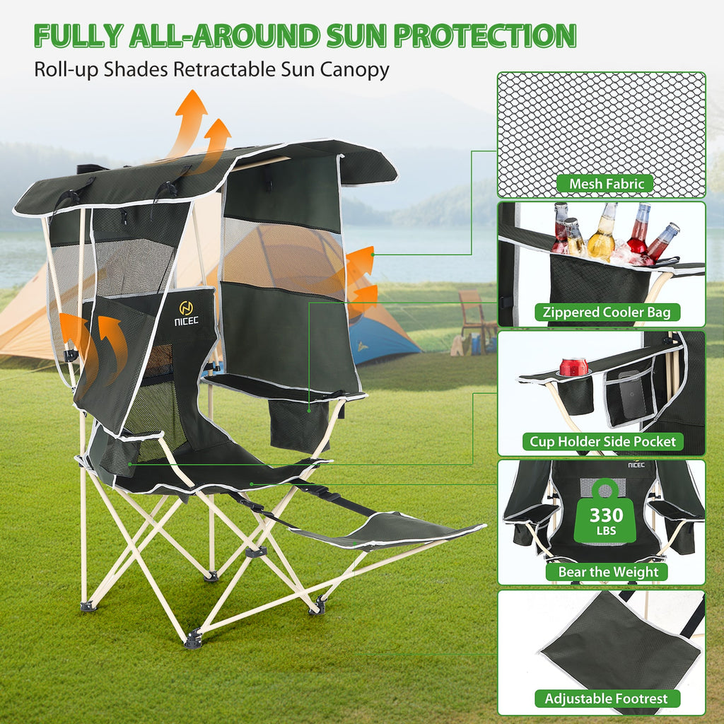 Nice C Camping Chair with Canopy &amp; Removable Footrest, Cooler Bag &amp; Cup Holder 