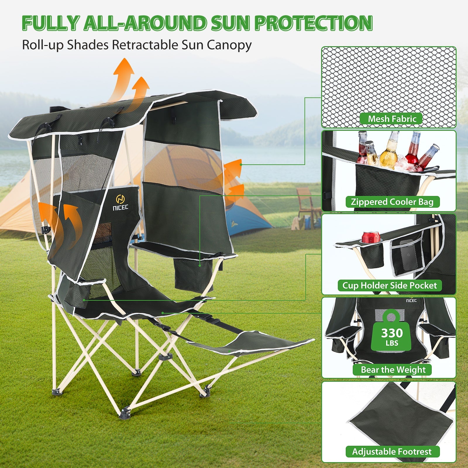 Nice C Camping Chair with Canopy &amp; Removable Footrest, Cooler Bag &amp; Cup Holder 