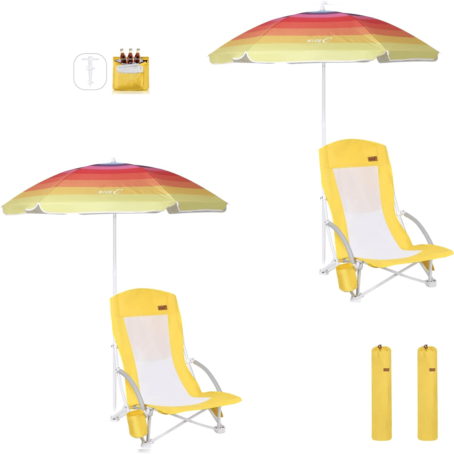 Nice C Beach Chair with Umbrella &amp; Cooler – High Back, Cup Holder, Carry Bag