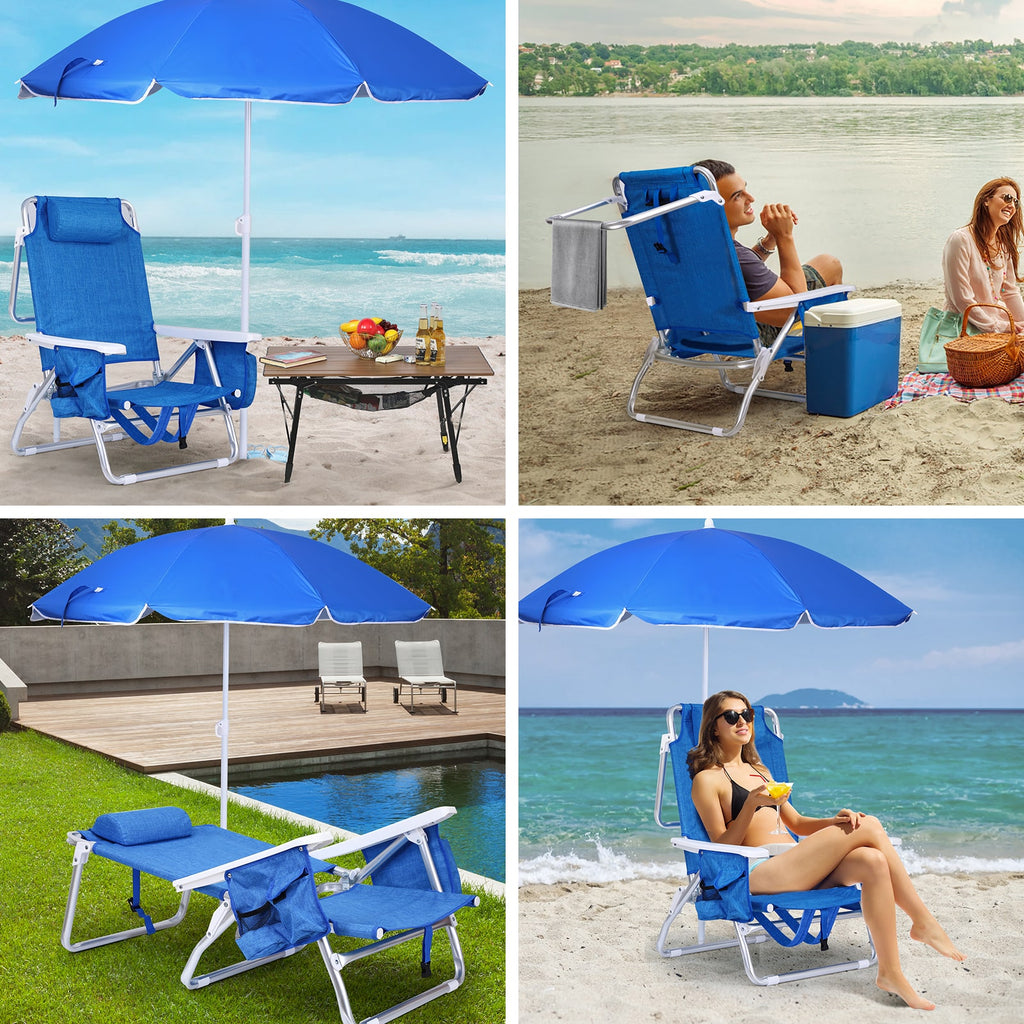 Nice C Beach Chair with Umbrella &amp; Cooler, 5-Position Reclining Backpack Chair for Adults