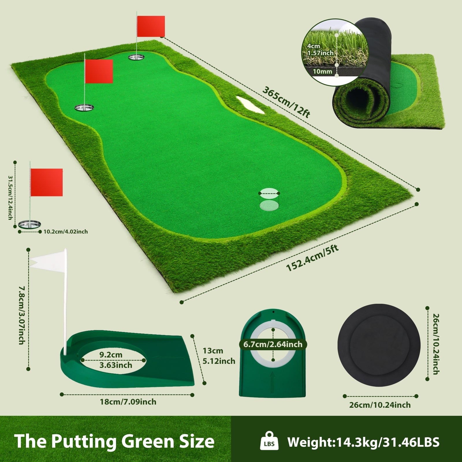 Nice C 5x12 FT Indoor & Outdoor Putting Green with 3 Holes, Flags & Slope – Golf Mat for Home Practice & Simulators